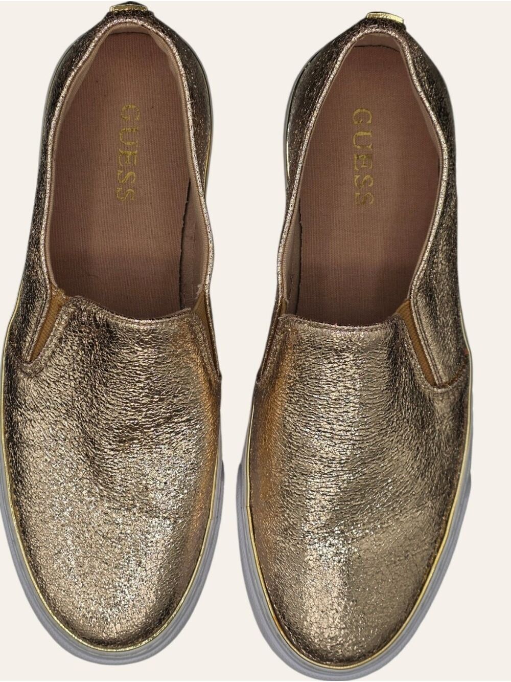GUESS Gladis Gold Metallic Slip On Sneakers 8.5 Y2K Luxe Streetwear - Picture 3 of 8